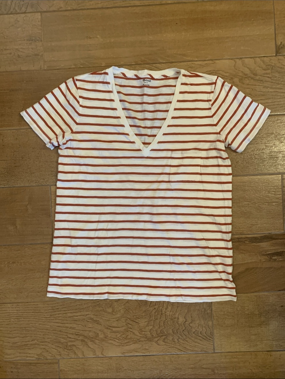 Madewell White V-Neck Tee with Rust Stripes Size Small